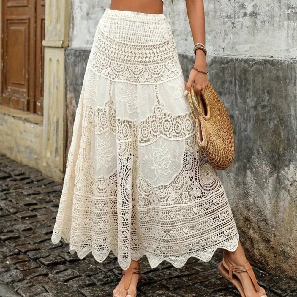 Boho Women's Beige A-Line Long Crochet Flowy Skirt